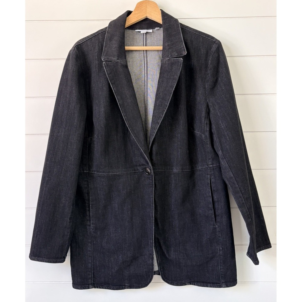 Chicos Denim Blazer Jacket Washed Black Single Button Stretch Size 12 (Chicos 2)